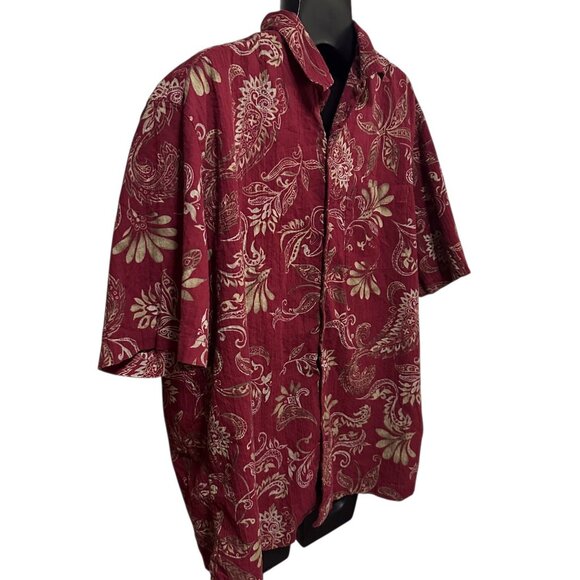 Caribbean Men’s Large Maroon Leaf Print Short Sleeve Shirt 2000s Cotton Blend - Picture 2 of 12